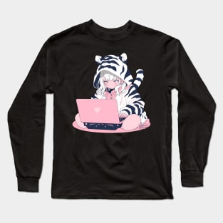 A cute girl in pajamas is working on a laptop Long Sleeve T-Shirt